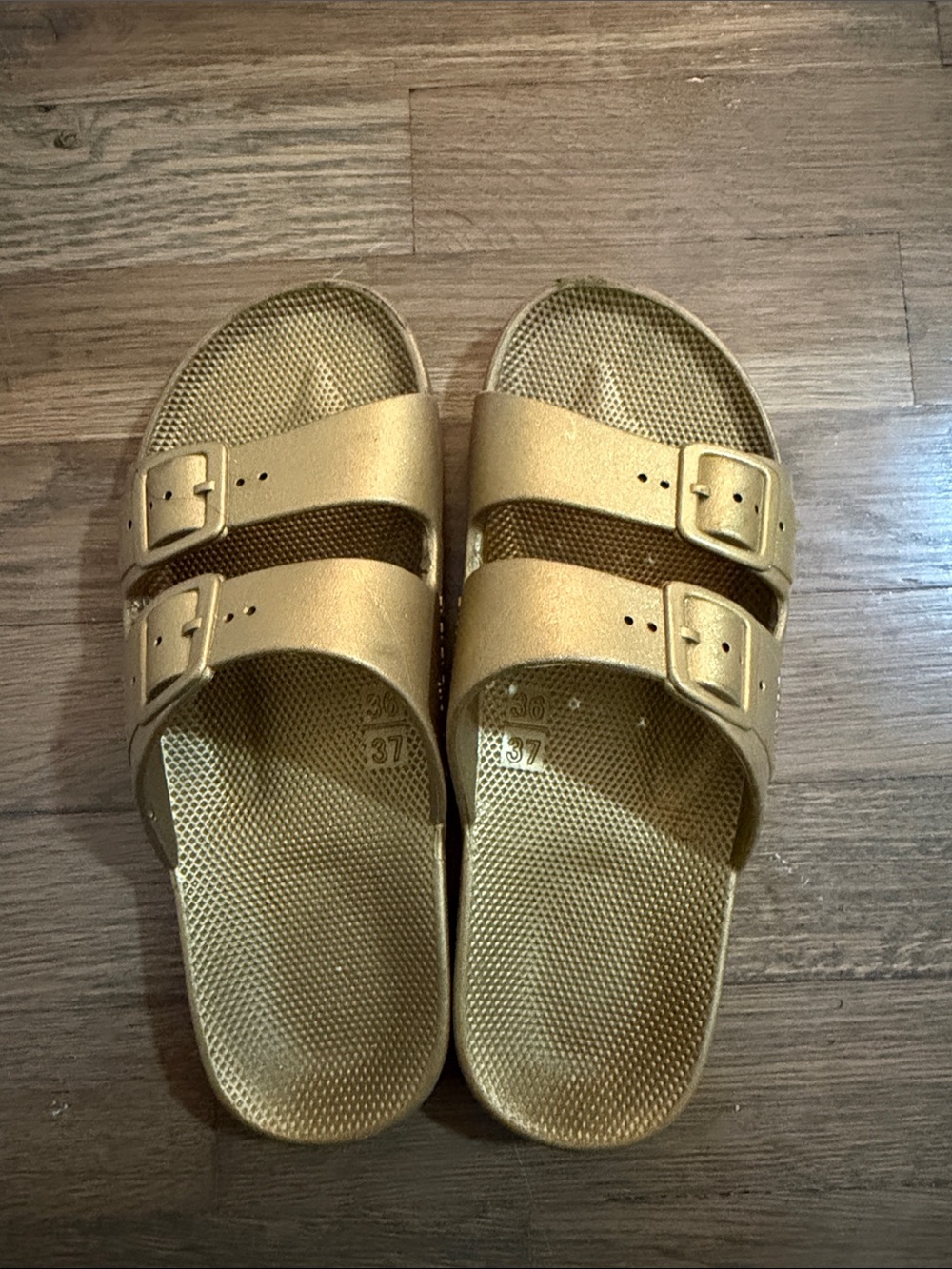 Freedom Moses Metallic Gold Double-Buckle Slide Sandals